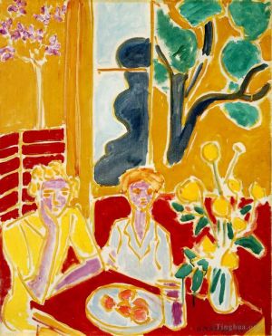 Tous les types de peintures contemporaines - Deux fillettes fond jaune et rouge Deux filles dans un intérieur jaune et rouge 1947