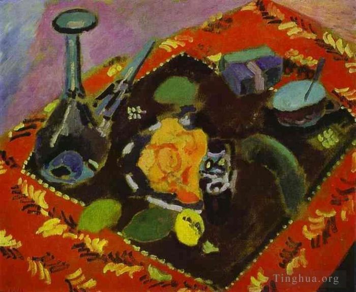Henri Matisse Types de peintures - Plats et fruits sur un tapis rouge et noir 1906