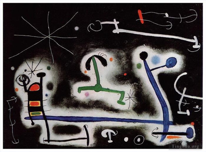 Joan Miró Types de peintures - Personnages et oiseaux en fête pour la nuit qui approche