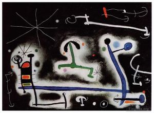 Joan Miró œuvre - Personnages et oiseaux en fête pour la nuit qui approche
