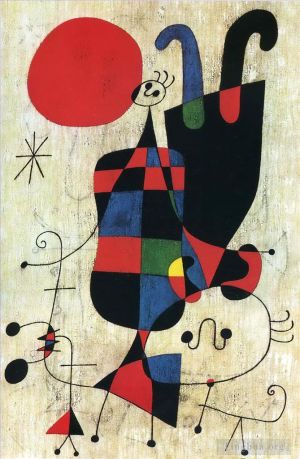 Joan Miró œuvre - Personnages et chien devant le soleil