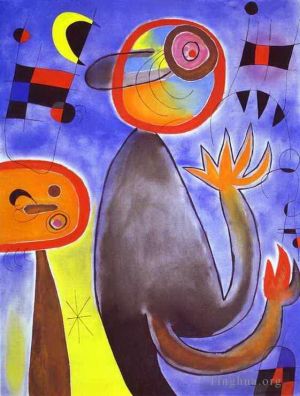 Joan Miró œuvre - Des échelles traversent le ciel bleu dans une roue de feu