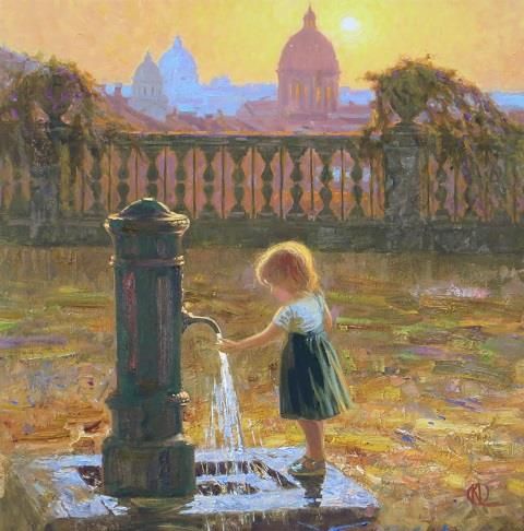 Komarova Elena Peinture à l'huile - Une fille près de la fontaine