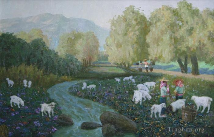 Li Jiahui Peinture à l'huile - Ruisseau au coucher du soleil