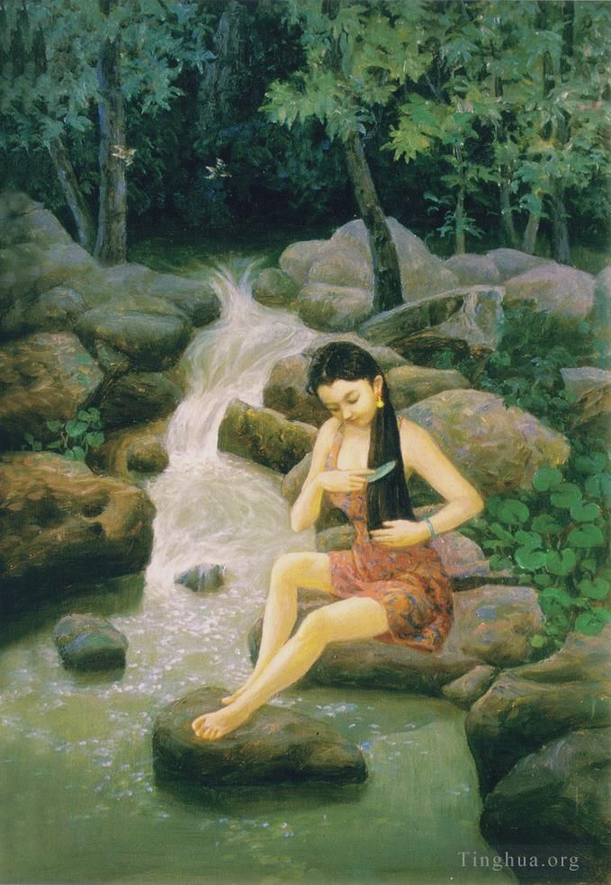 Li Jiahui Peinture à l'huile - La fille près de la fontaine