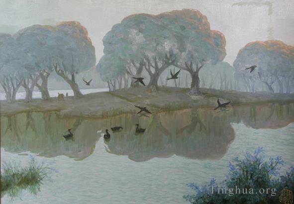 Li Jiahui Peinture à l'huile - Rivière Xun dans la brume matinale