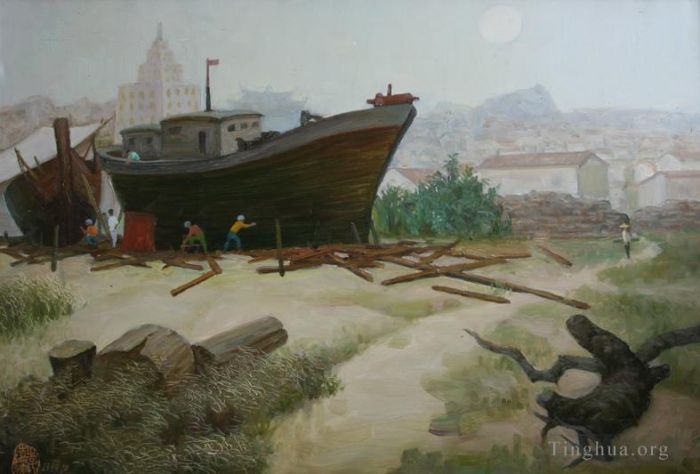 Li Jiahui Peinture à l'huile - Dans un village de pêcheurs