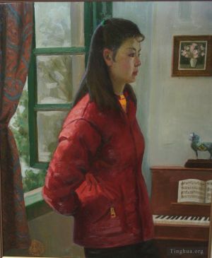 Li Jiahui œuvre - Thinking girl in piano room