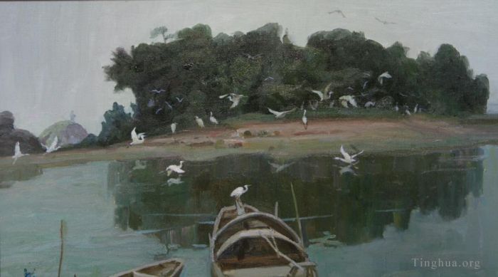 Li Jiahui Peinture à l'huile - Aigrettes sur une île déserte