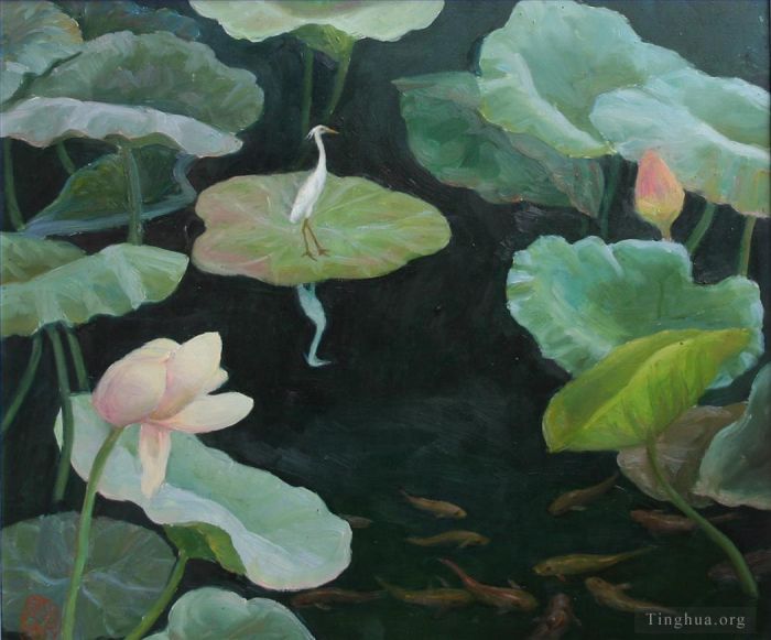 Li Jiahui Peinture à l'huile - Paysage sauvage d’étang de lotus