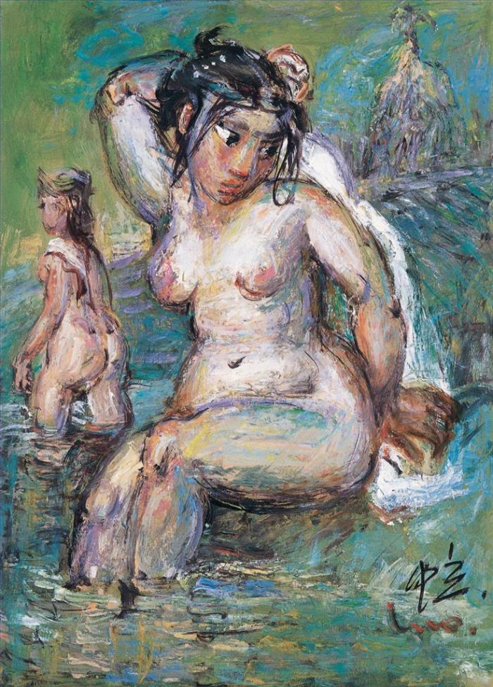 LUO Zhongli Peinture à l'huile - Femmes au bain