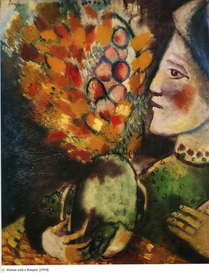 Marc Chagall Peinture à l'huile - Femme au bouquet