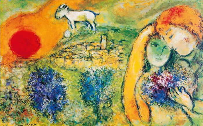 Marc Chagall Peinture à l'huile - Amoureux sous le soleil