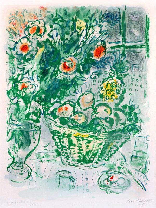Marc Chagall Types de peintures - Lithographie couleur Corbeille de Fruits et Ananas