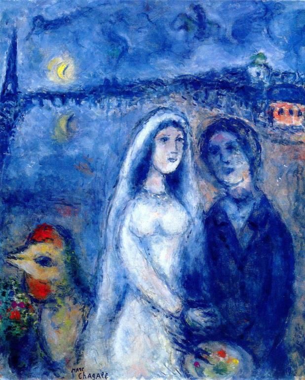 Marc Chagall Types de peintures - Nouveaux mariés avec une serviette Eiffel en arrière-plan