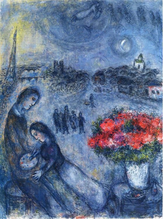 Marc Chagall Types de peintures - Jeunes mariés avec Paris en arrière-plan
