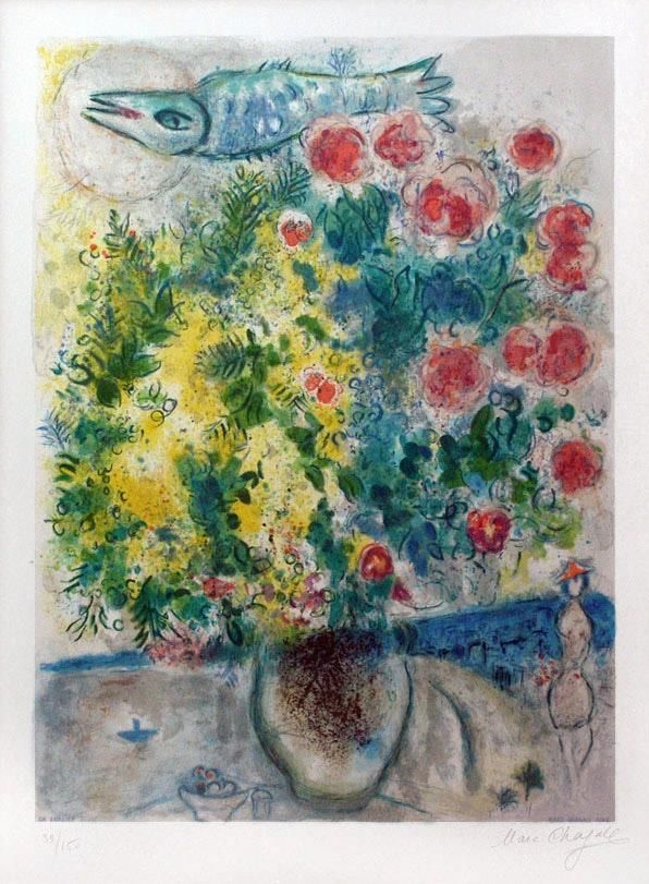 Marc Chagall Types de peintures - Lithographie couleur Roses et Mimosa de Nice la Côte d'Azur
