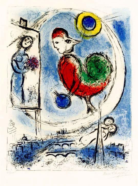 Marc Chagall Types de peintures - Lithographie couleur Le Coq au-dessus de Paris