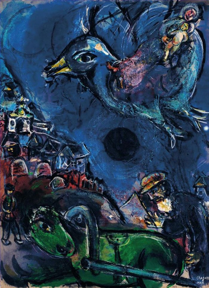Marc Chagall Types de peintures - Village au Cheval Vert ou Vision à la Lune Noire
