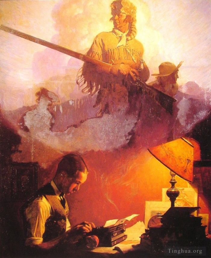 Norman Rockwell Peinture à l'huile - Et Daniel Boone prend vie sur le portable Underwood 1923