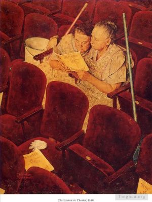 Peinture à l'huile contemporaine - Femmes de ménage au théâtre 1946