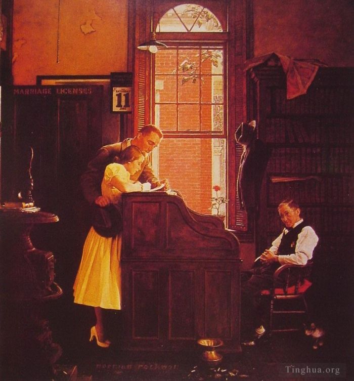 Norman Rockwell Peinture à l'huile - Licence de mariage 1935
