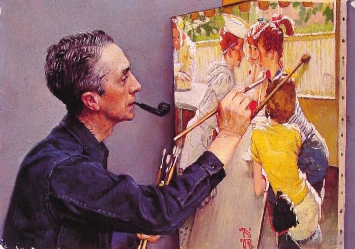 Norman Rockwell Peinture à l'huile - Portrait de Norman Rockwell peignant le soda jerk 1953