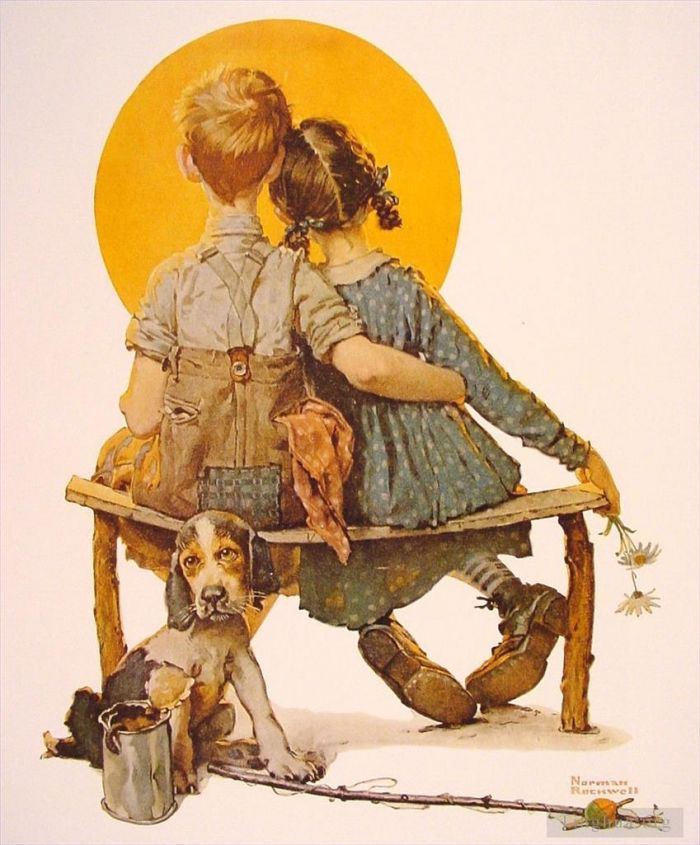 Norman Rockwell Types de peintures - Garçon et fille regardant la lune 1926