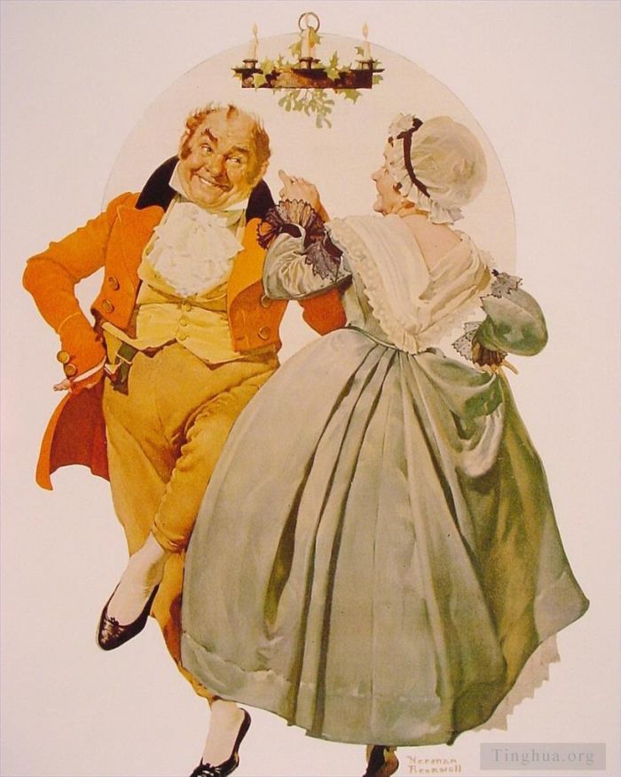 Norman Rockwell Types de peintures - Joyeux Noël couple dansant sous le gui