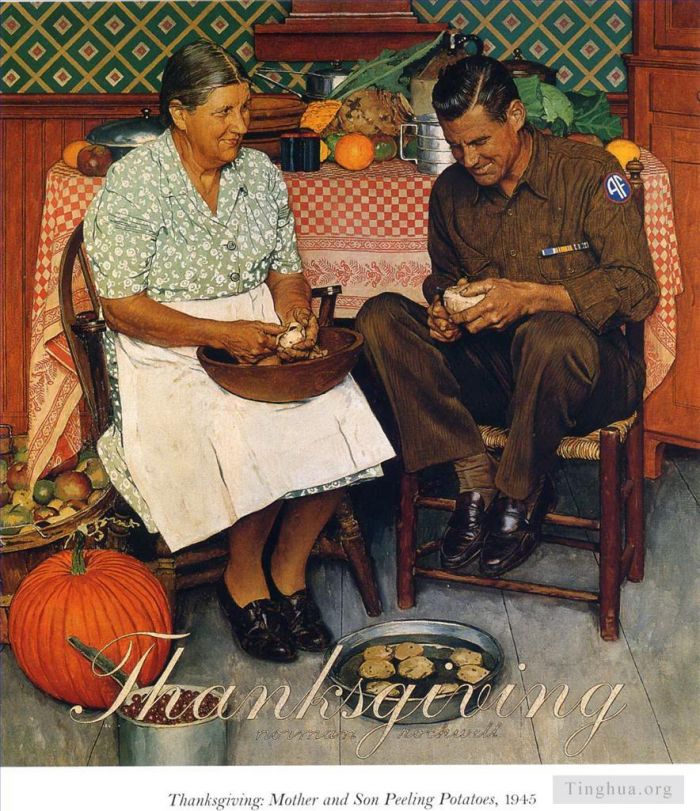 Norman Rockwell Types de peintures - Mère et fils de Thanksgiving épluchant des pommes de terre 1945