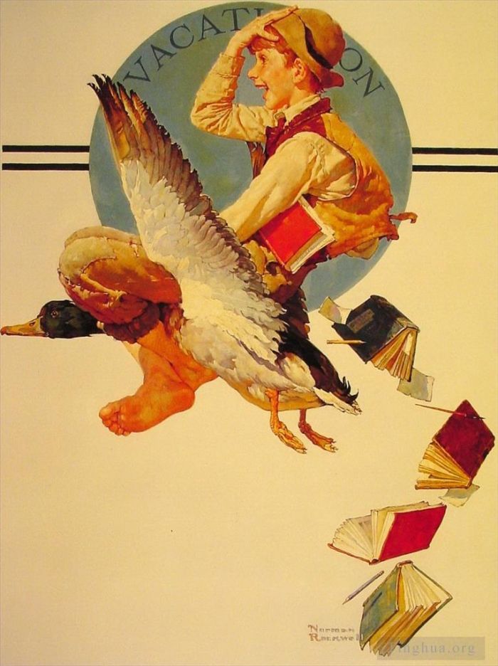 Norman Rockwell Types de peintures - Garçon de vacances chevauchant une oie 1934