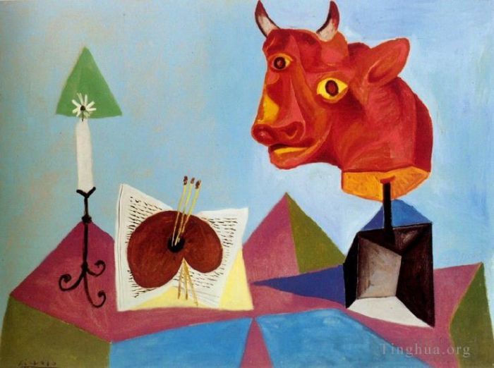 Pablo Picasso Peinture à l'huile - Bougie palette Tête de taureau rouge 1938