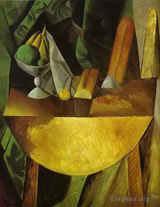 Pablo Picasso Peinture à l'huile - Plat de pain et de fruits sur une table 1909