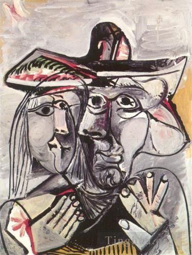 Pablo Picasso Peinture à l'huile - Buste d'homme au chapeau et tête de femme 1971