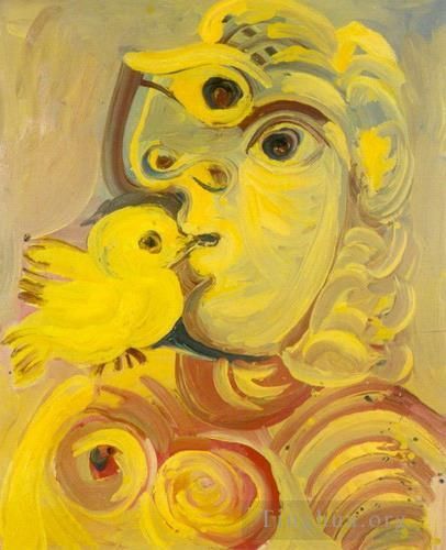 Pablo Picasso Peinture à l'huile - Buste de femme à l'oiseau 1971