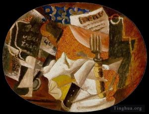 Peinture à l'huile contemporaine - Couteau fourchette menu bouteille jambon 1914