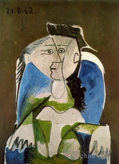 Pablo Picasso Peinture à l'huile - Femme assise dans un fauteuil bleu 1962
