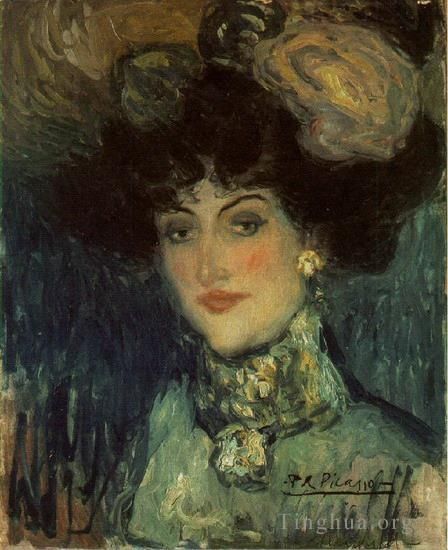Pablo Picasso Peinture à l'huile - Femme au chapeau à plumes 1901
