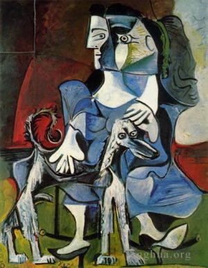 Pablo Picasso œuvre - Femme au chien Jacqueline avec Kaboul 1962