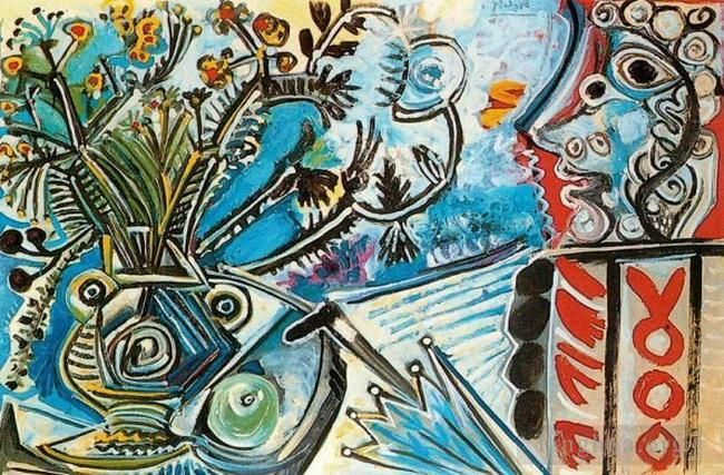 Pablo Picasso Peinture à l'huile - Fleurs et buste d'homme au parapluie 1968