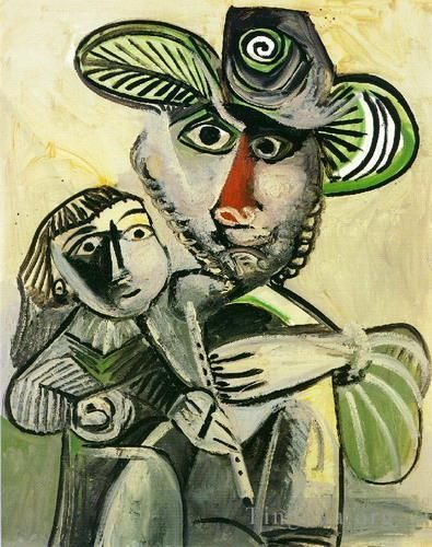 Pablo Picasso Peinture à l'huile - Homme à la flûte et enfant Paternit 1971