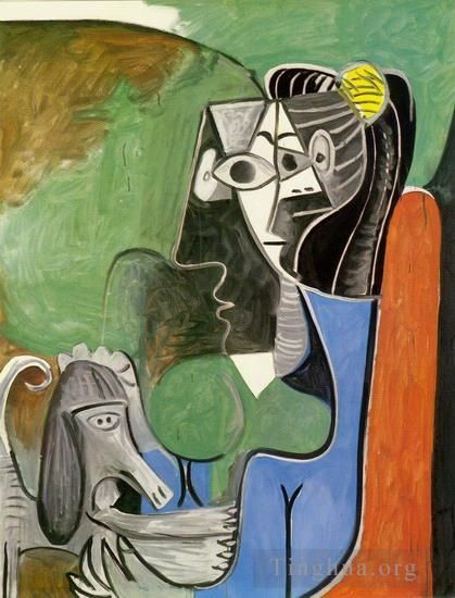 Pablo Picasso Peinture à l'huile - Jacqueline assise avec Kaboul 1962
