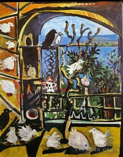 Pablo Picasso Peinture à l'huile - L'atelier Les pigeons I 1957