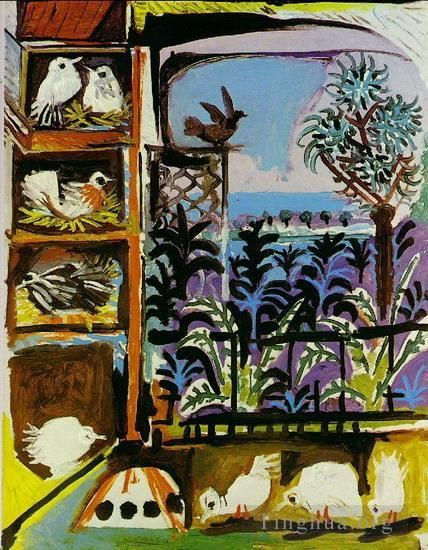 Pablo Picasso Peinture à l'huile - L'atelier Les pigeons II 1957