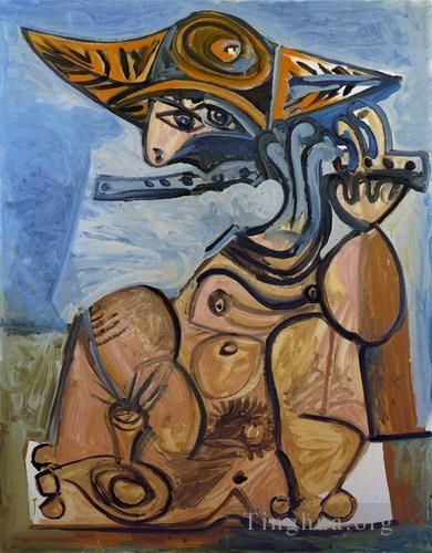 Pablo Picasso Peinture à l'huile - La flûtiste Homme assis jouant de la flûte 1971