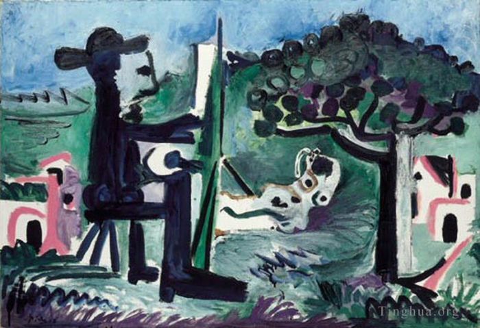 Pablo Picasso Peinture à l'huile - Le peintre et son modèle dans un paysage II 1963
