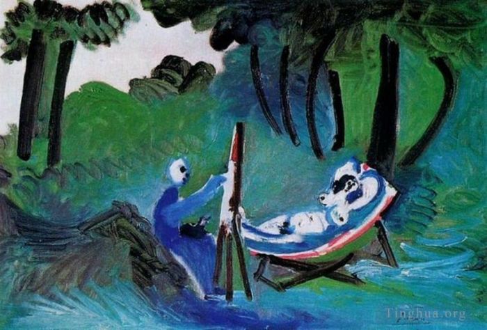 Pablo Picasso Peinture à l'huile - Le peintre et son modèle dans un paysage III 1963