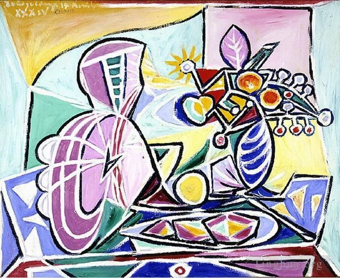 Pablo Picasso Peinture à l'huile - Mandoline et vase de fleurs Nature morte 1934