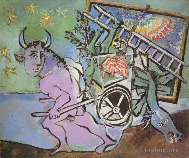 Pablo Picasso Peinture à l'huile - Minotaure tirant une charette 1936