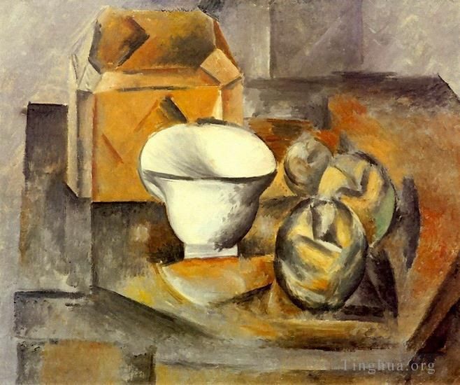 Pablo Picasso Peinture à l'huile - Nature morte coffret compotier tasse 1909